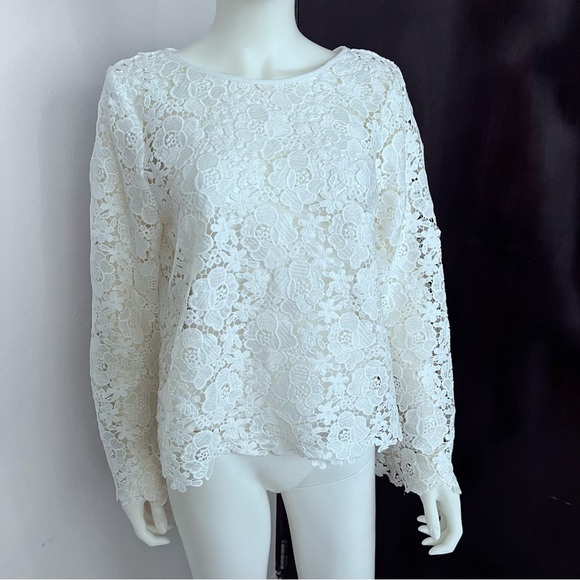 Long Sleeve White Women Lace Top See Through By CeCe Size Medium NWT - Picture 1 of 8